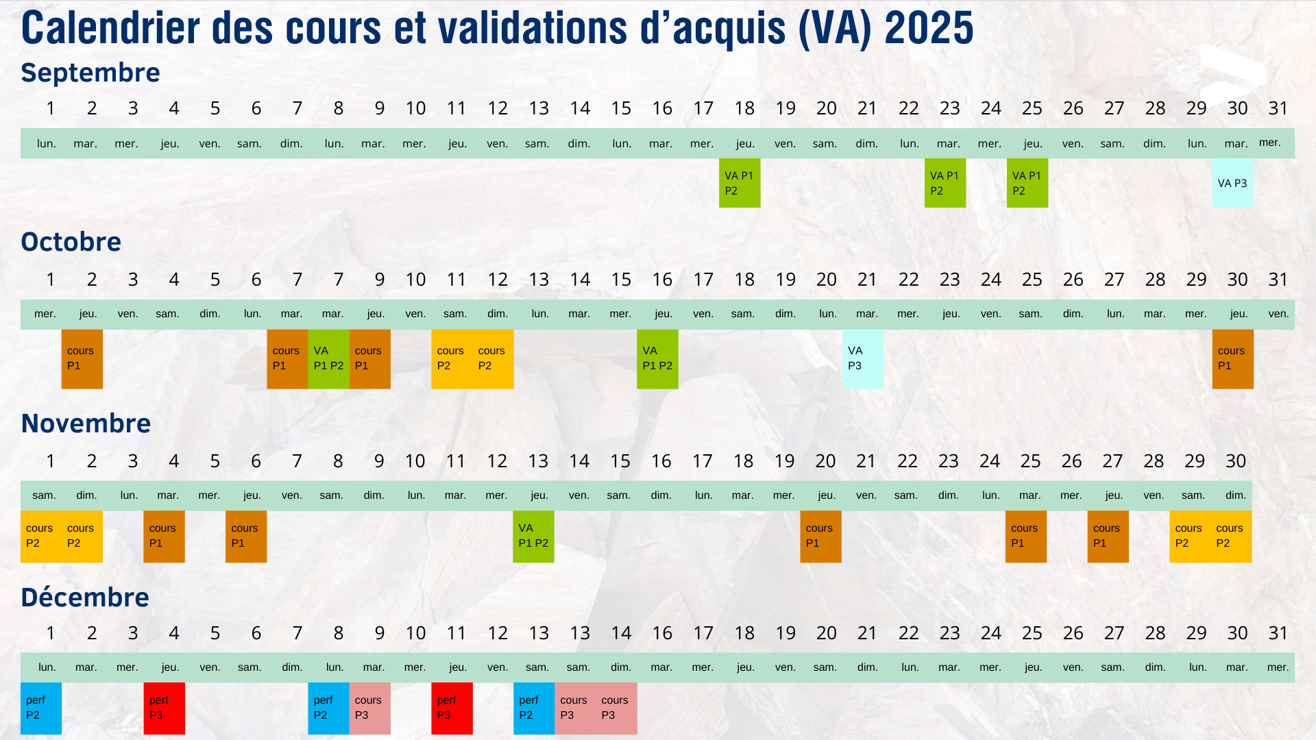Calendrier cours et validations d'acquis 2025